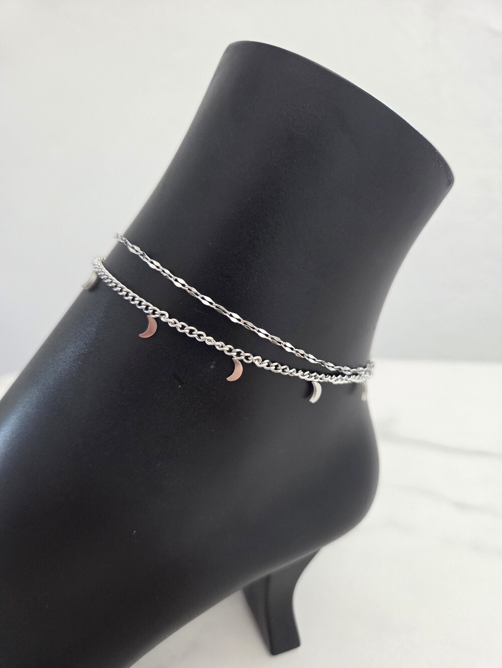 Silver Double Layer Crescent Moon Charm Anklet - Picture 4 of 12